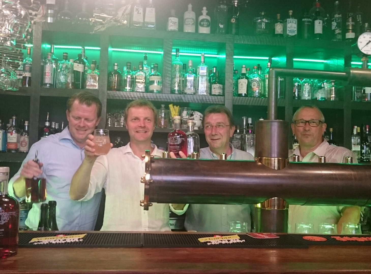 instigators of the evening were, from left, Manuel Wouters, Dirk Lindemans, Patrick Van Schandevijl from Stokerij De Moor and Maurits Van Den Eynde